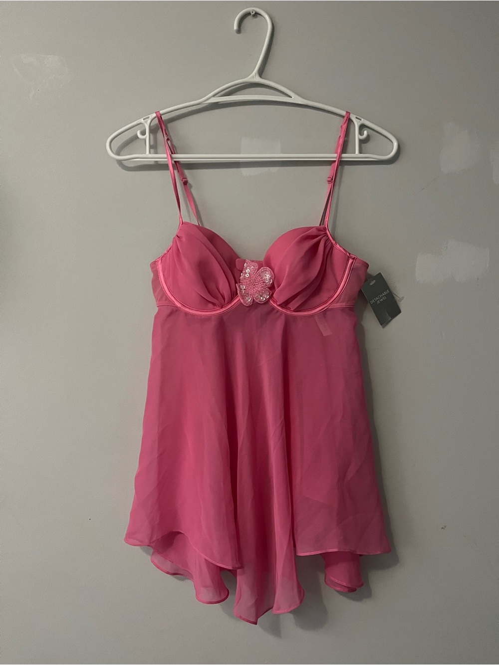 La SENZA Hot Pink vintage y2k Chiffon Babydoll beaded flower whimsy lingerie